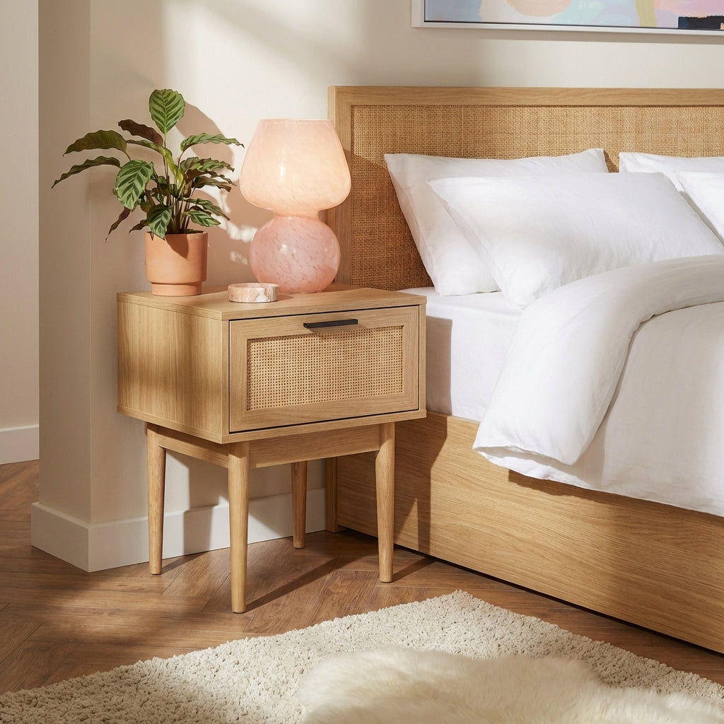AMANA Set of 2 Oak Effect and Rattan Cane Nightstands