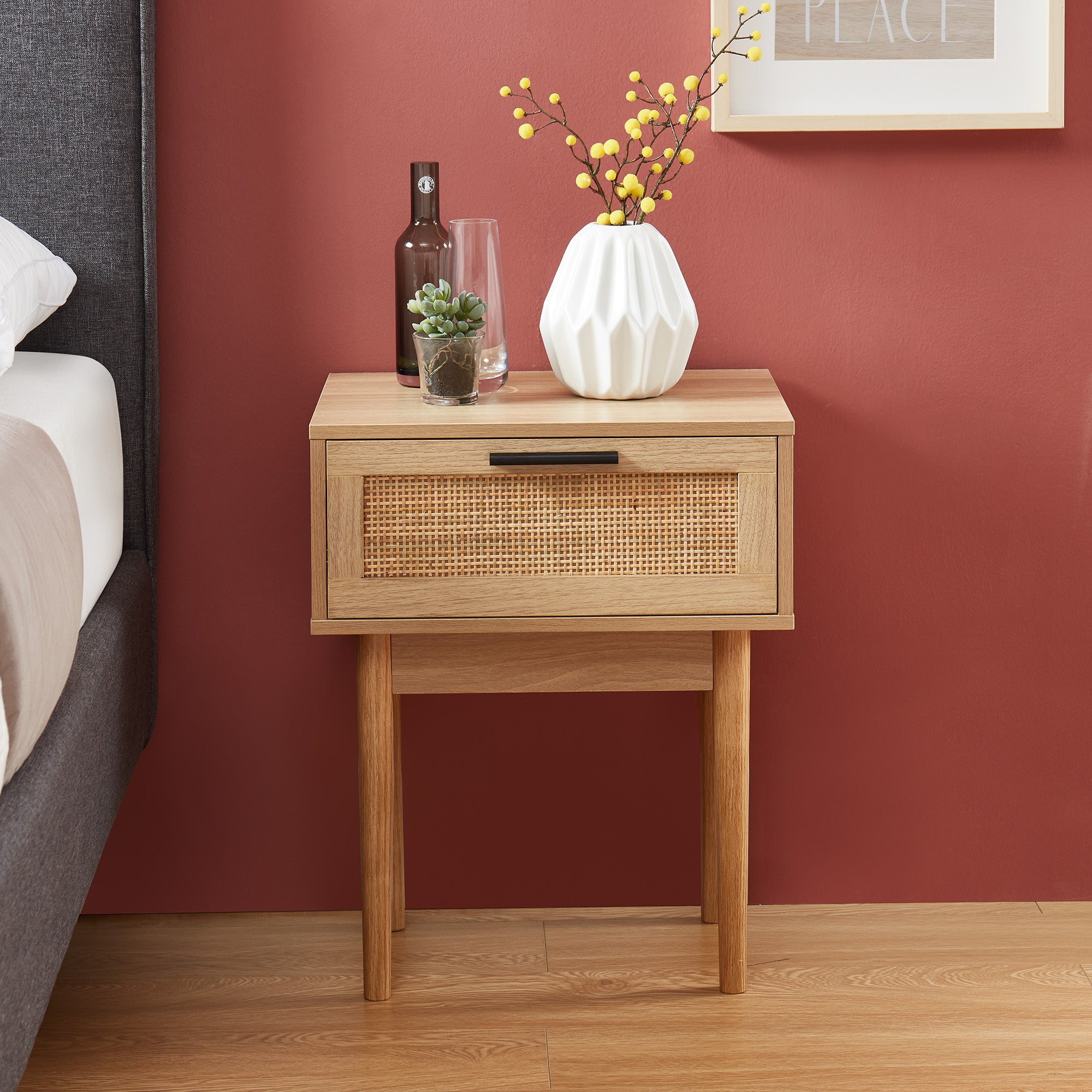 AMANA Set of 2 Oak Effect and Rattan Cane Nightstands