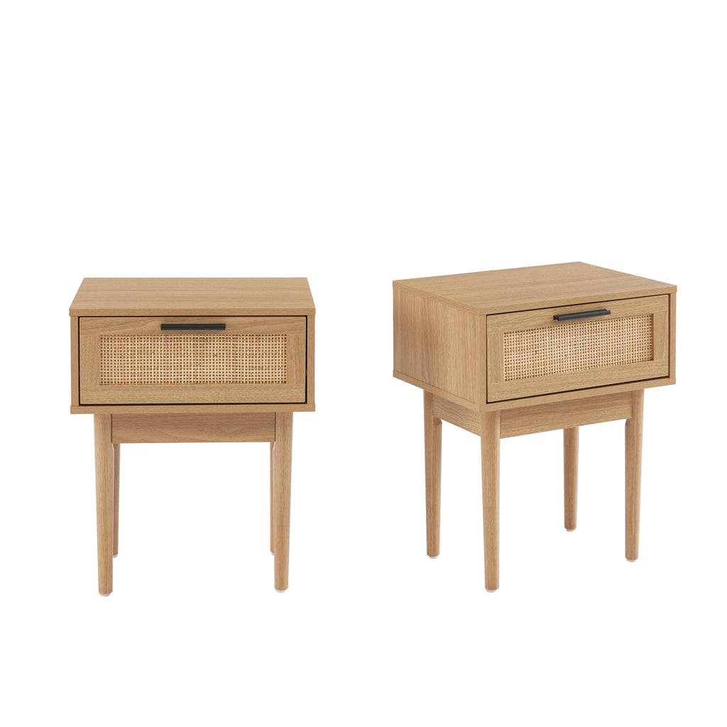 AMANA Set of 2 Oak Effect and Rattan Cane Nightstands