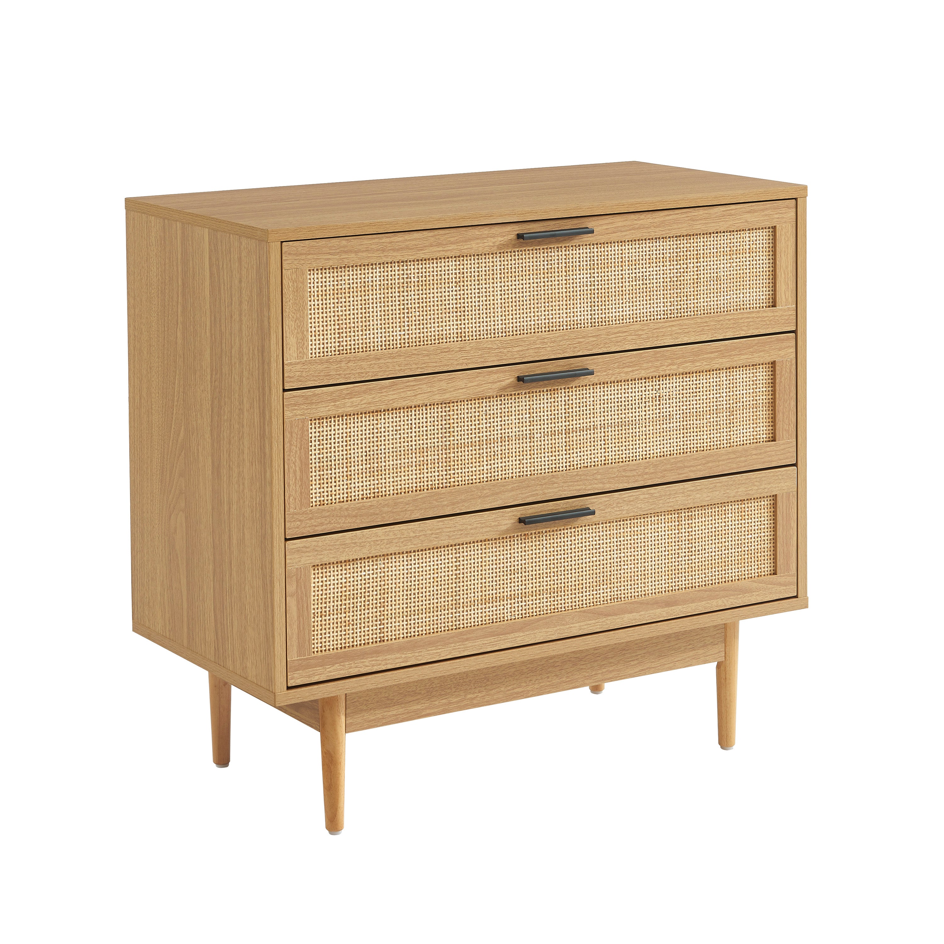 AMANA Oak Effect and Rattan Cane Chest of Drawers with 3 Drawers