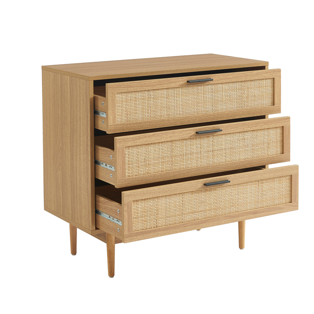 AMANA Oak Effect and Rattan Cane Chest of Drawers with 3 Drawers