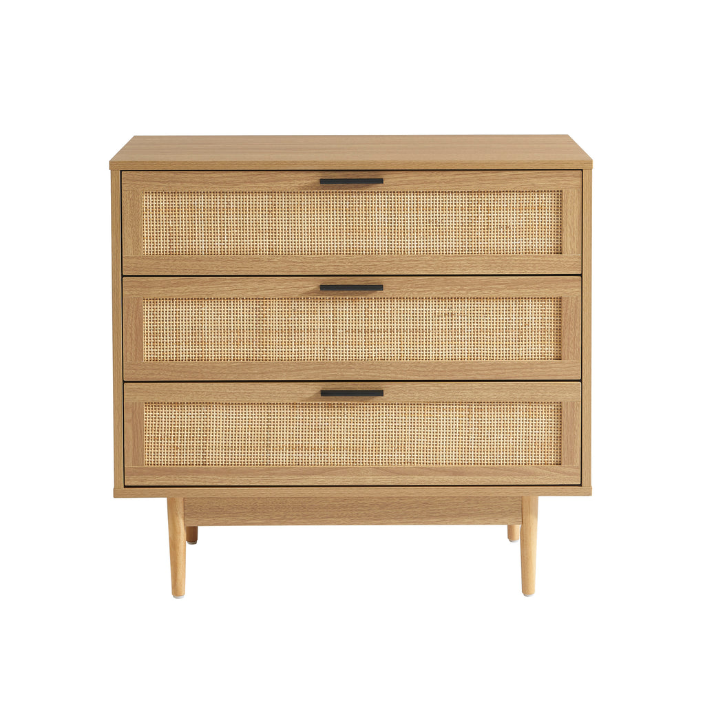 AMANA Oak Effect and Rattan Cane Chest of Drawers with 3 Drawers