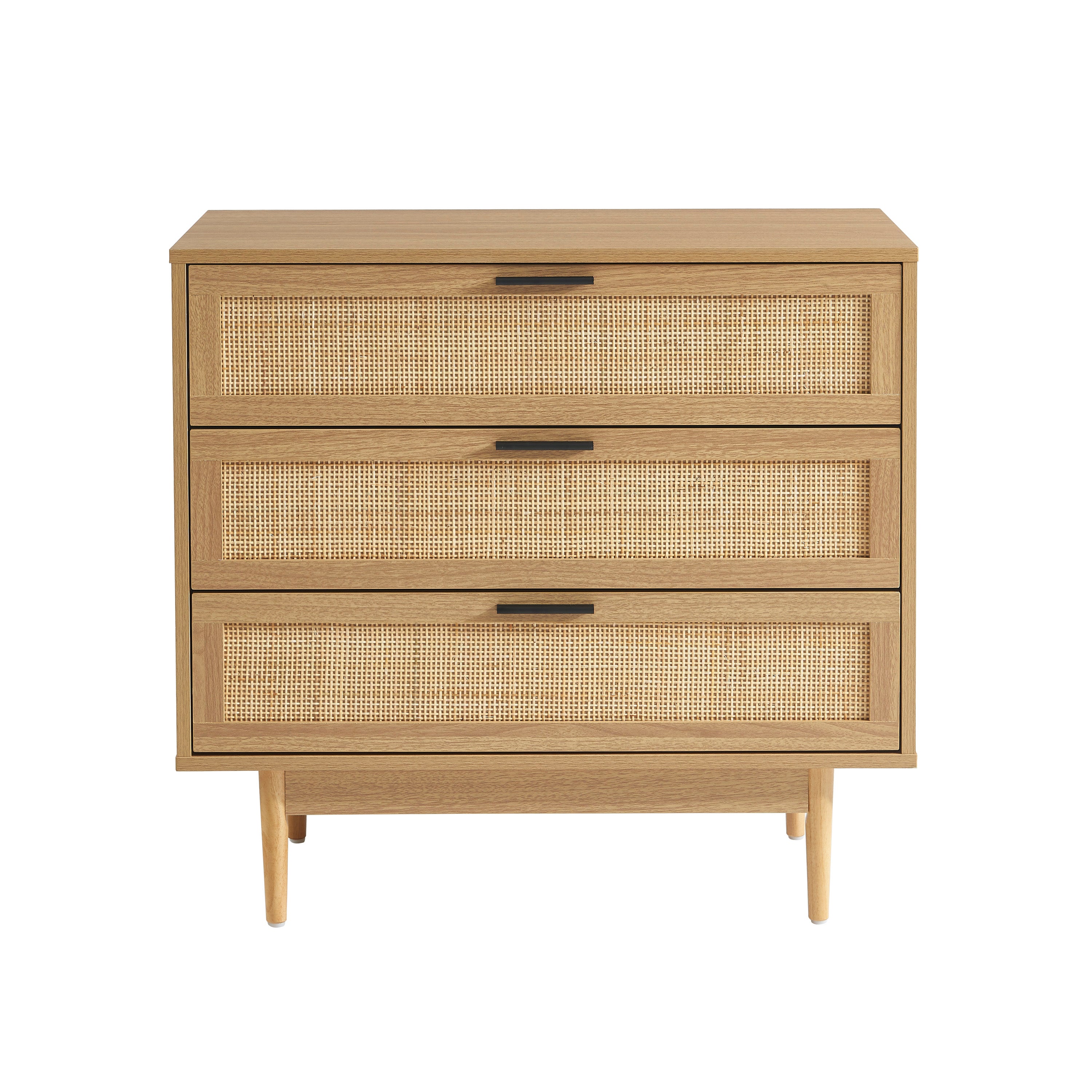 AMANA Oak Effect and Rattan Cane Chest of Drawers with 3 Drawers