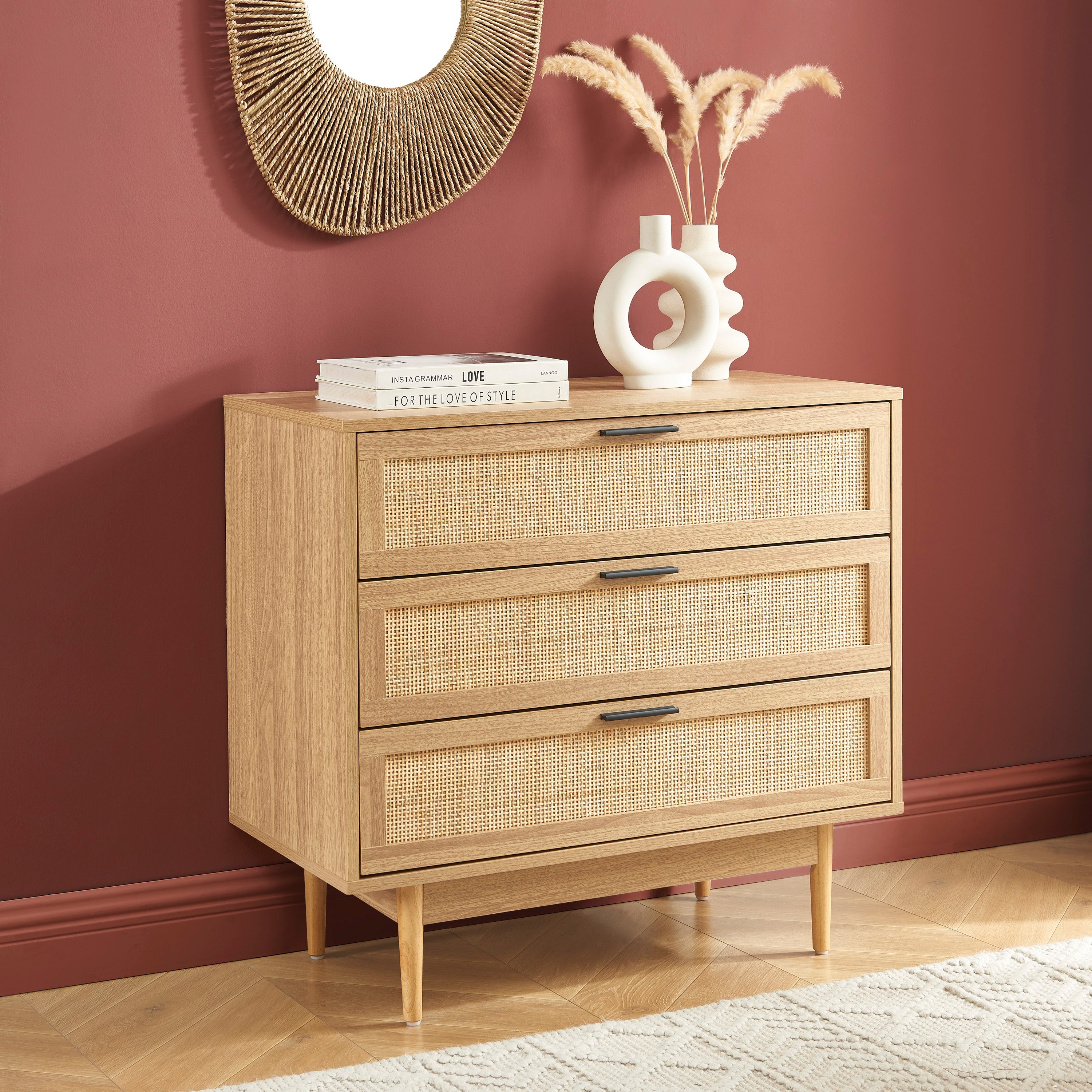 AMANA Oak Effect and Rattan Cane Chest of Drawers with 3 Drawers