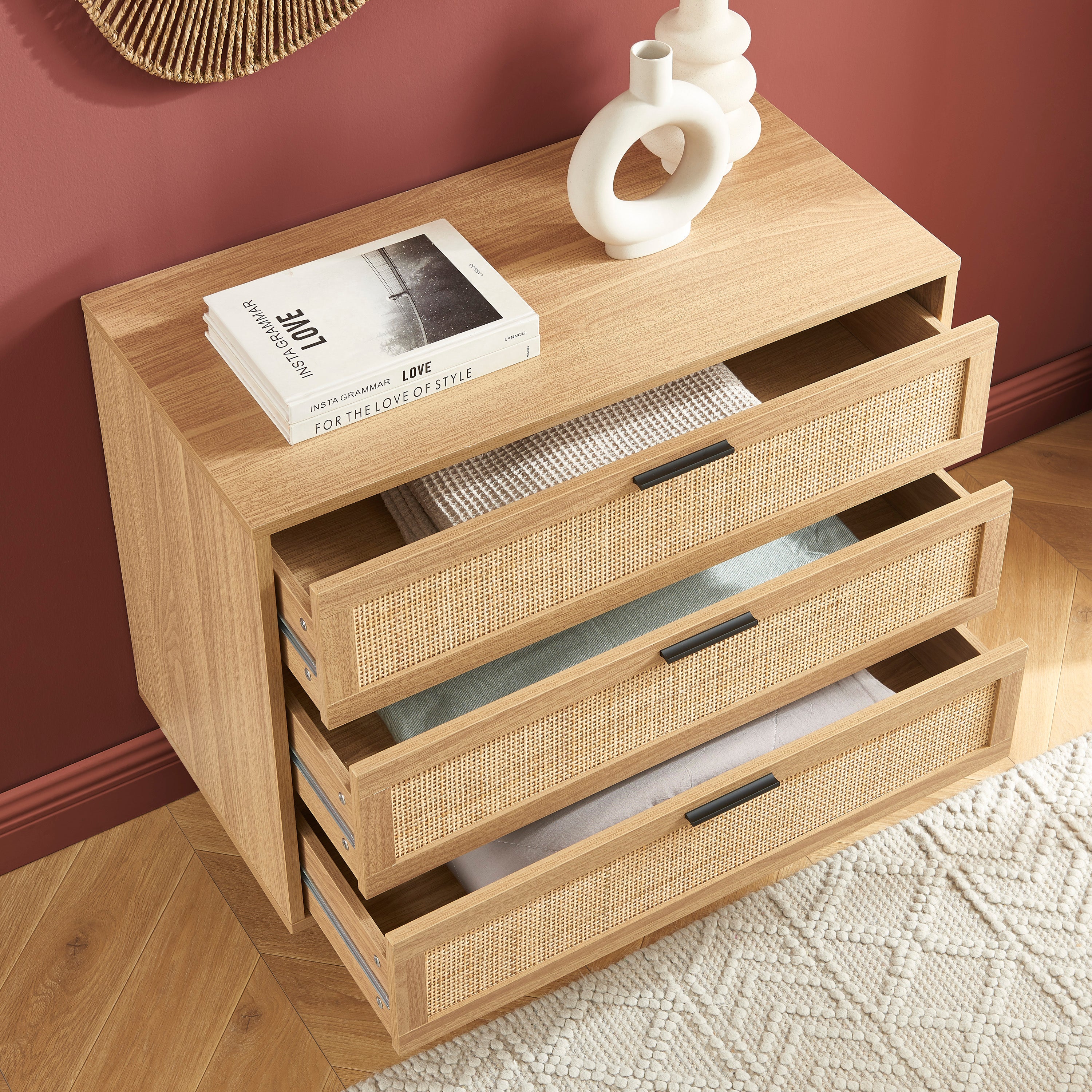 AMANA Oak Effect and Rattan Cane Chest of Drawers with 3 Drawers