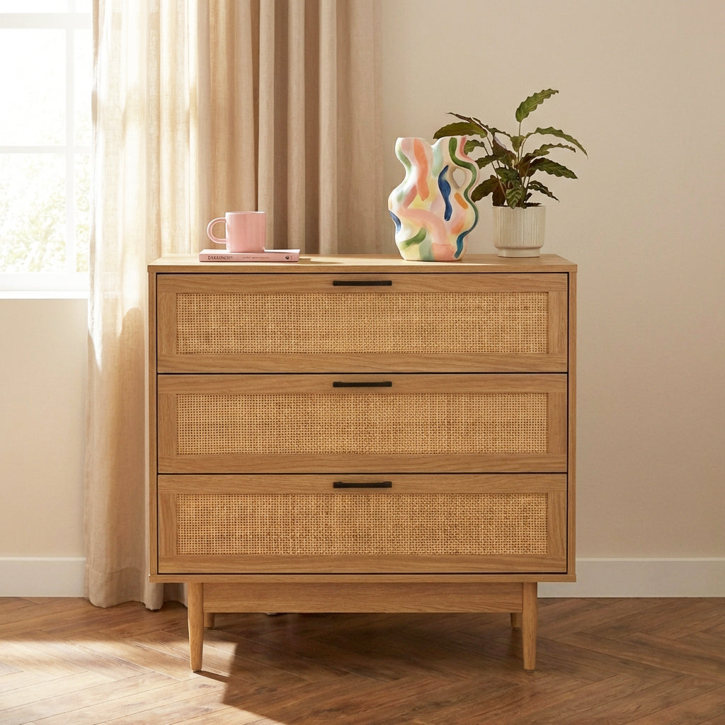 AMANA Oak Effect and Rattan Cane Chest of Drawers with 3 Drawers