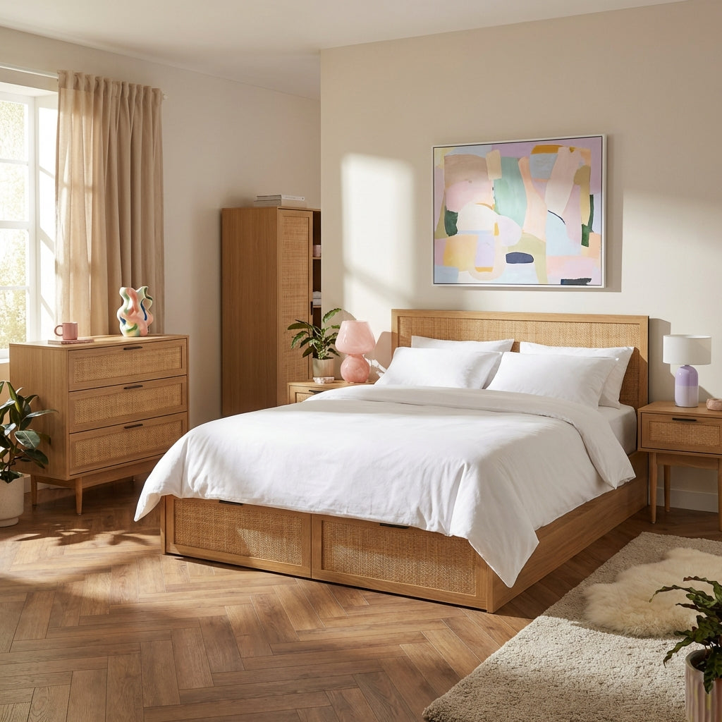 AMANA Oak Effect and Rattan Cane Chest of Drawers with 3 Drawers