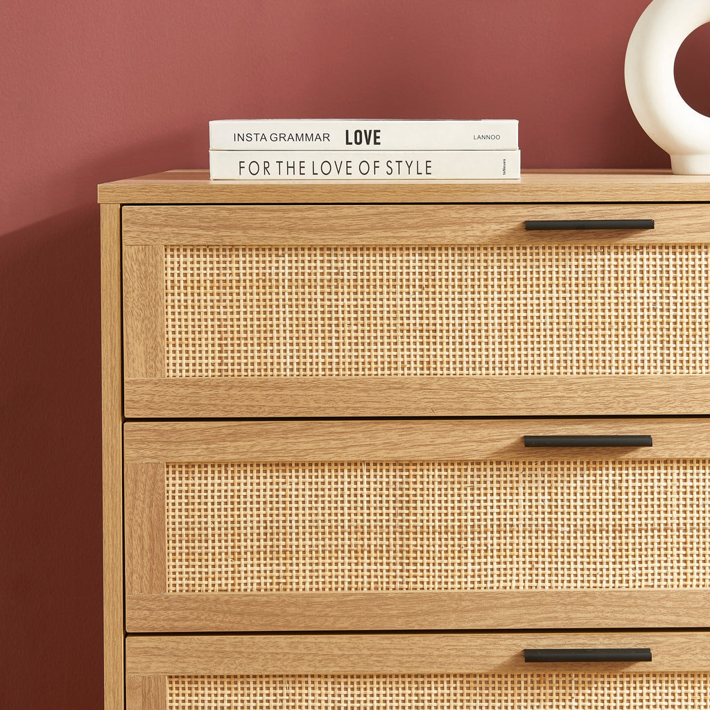 AMANA Oak Effect and Rattan Cane Chest of Drawers with 3 Drawers