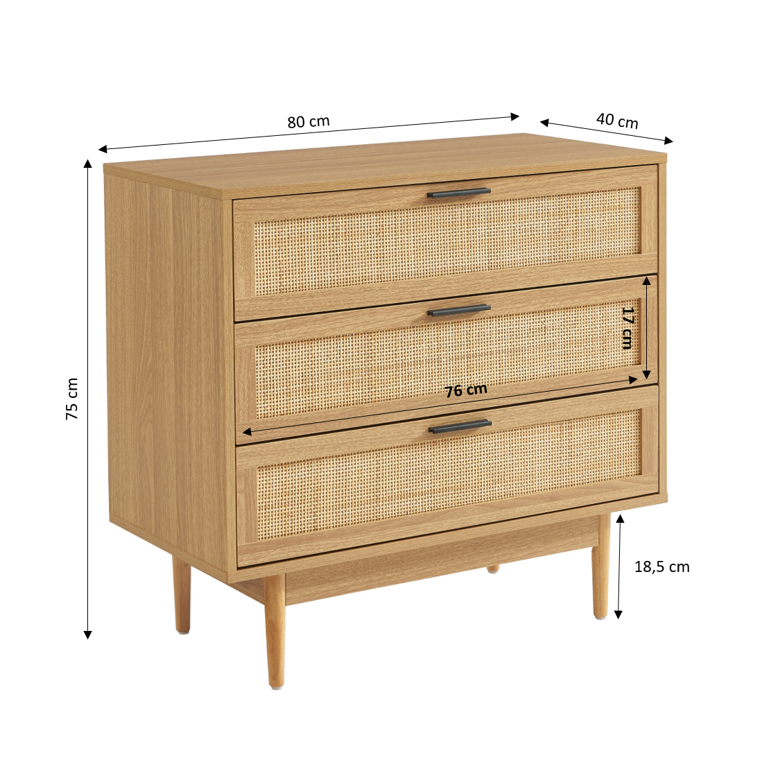 AMANA Oak Effect and Rattan Cane Chest of Drawers with 3 Drawers
