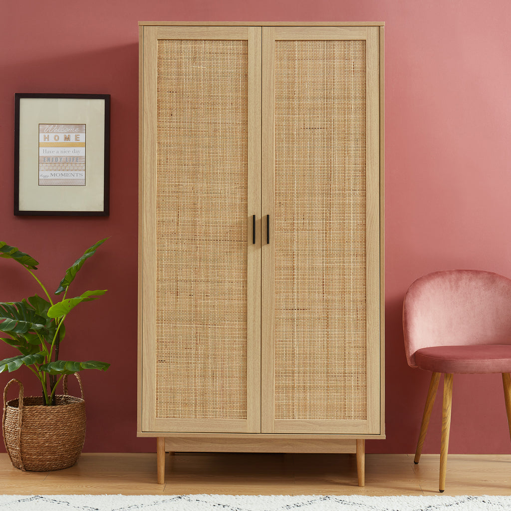 AMANA Oak Effect Wardrobe Cabinet with Rattan Cane Detailing and 2 Doors