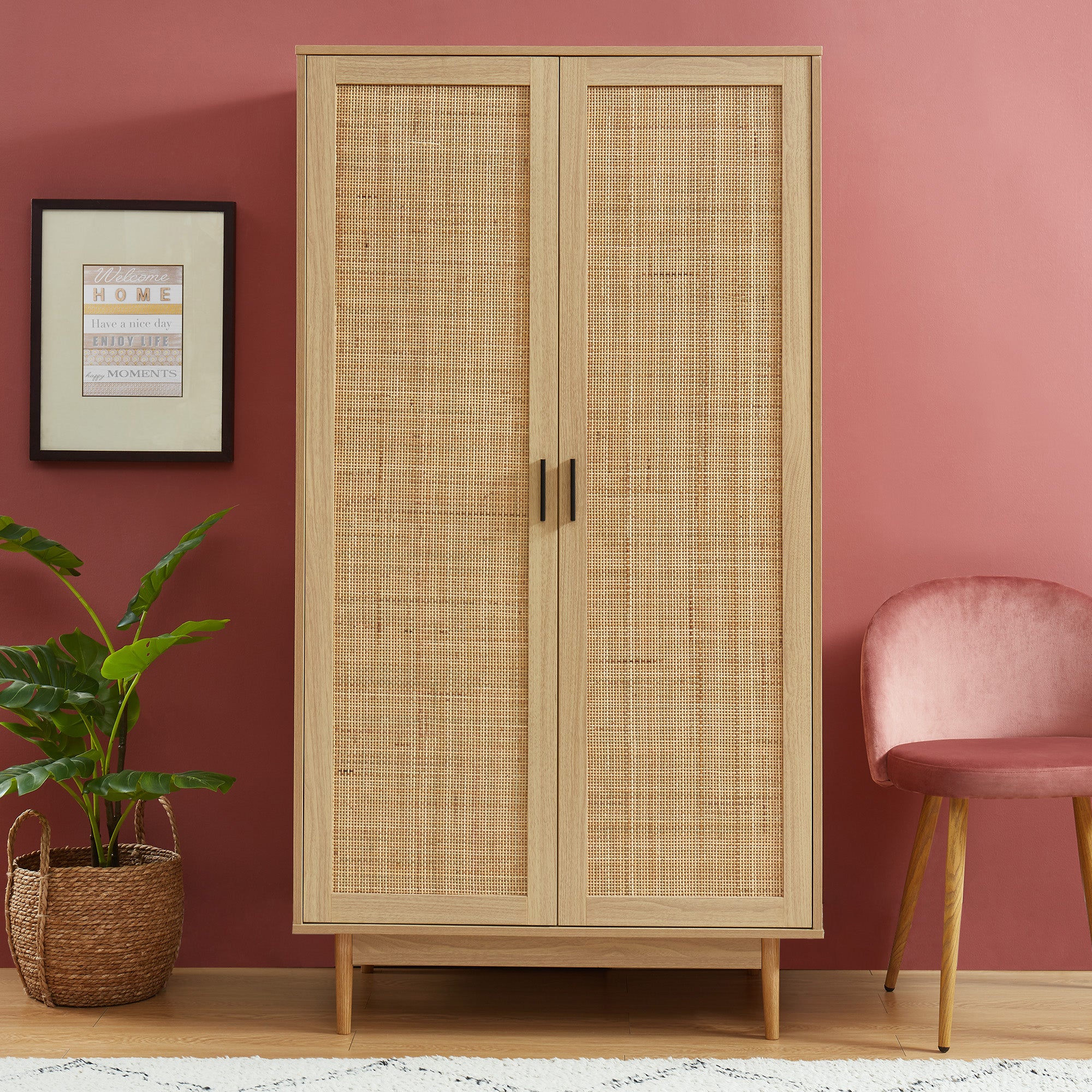 AMANA Oak Effect Wardrobe Cabinet with Rattan Cane Detailing and 2 Doors