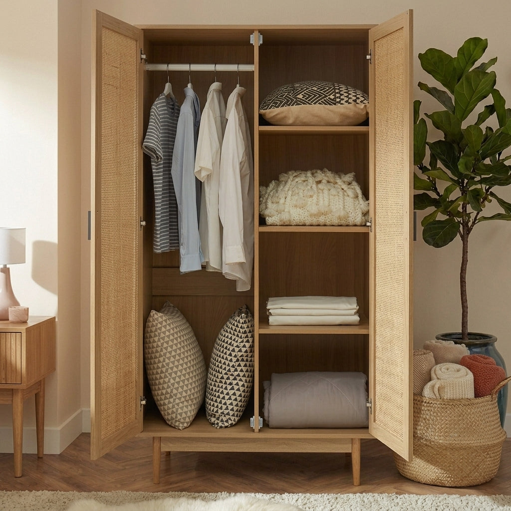 AMANA Oak Effect Wardrobe Cabinet with Rattan Cane Detailing and 2 Doors