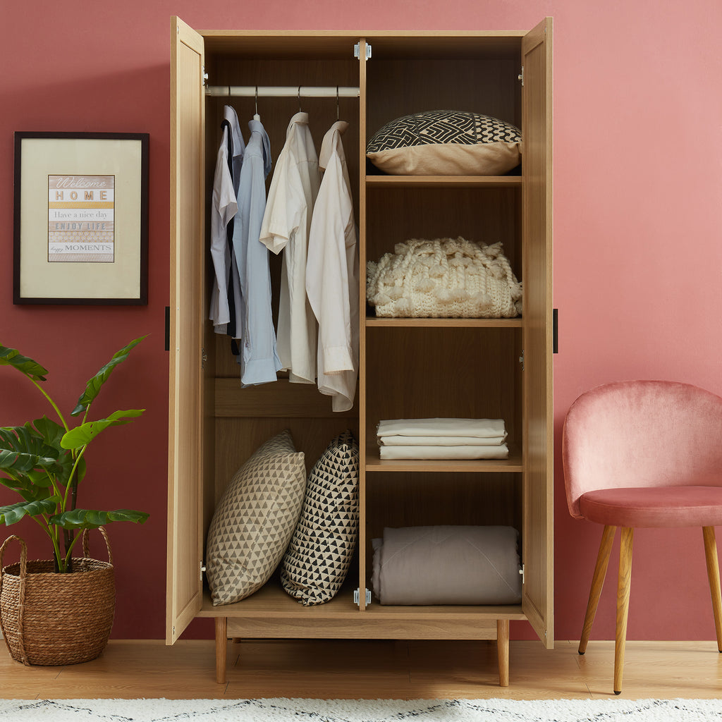 AMANA Oak Effect Wardrobe Cabinet with Rattan Cane Detailing and 2 Doors