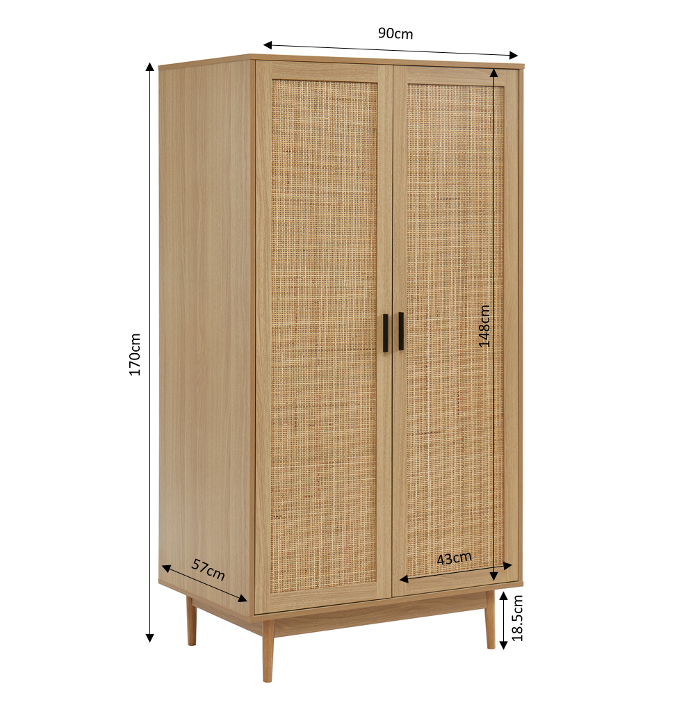 AMANA Oak Effect Wardrobe Cabinet with Rattan Cane Detailing and 2 Doors