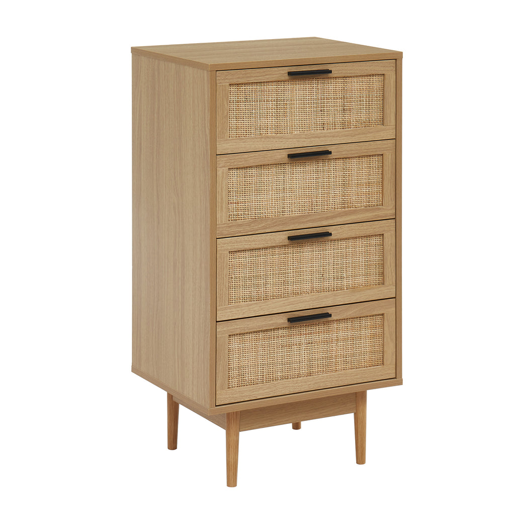AMANA Oak Effect and Rattan Cane Chest of Drawers with 4 Drawers