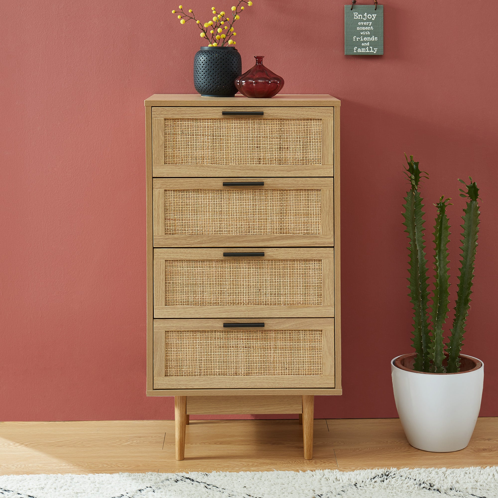 AMANA Oak Effect and Rattan Cane Chest of Drawers with 4 Drawers