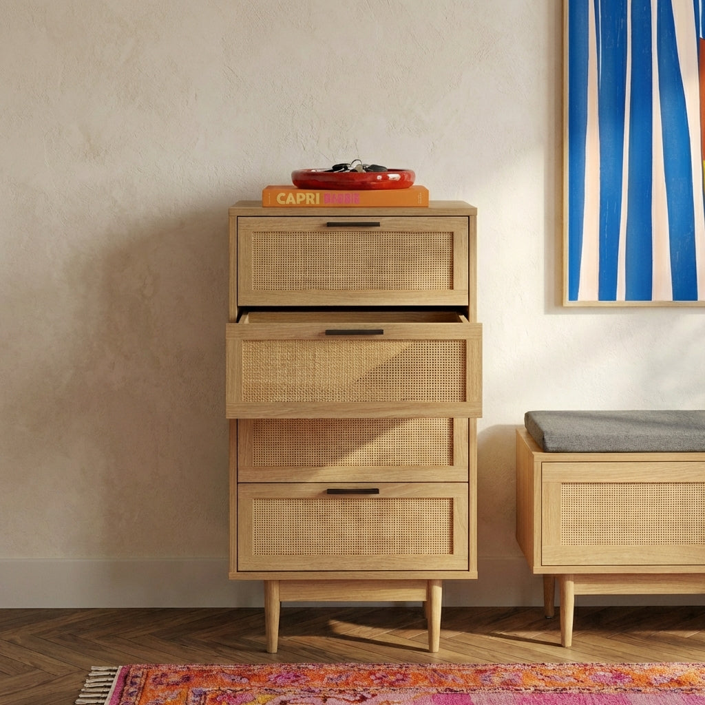 AMANA Oak Effect and Rattan Cane Chest of Drawers with 4 Drawers