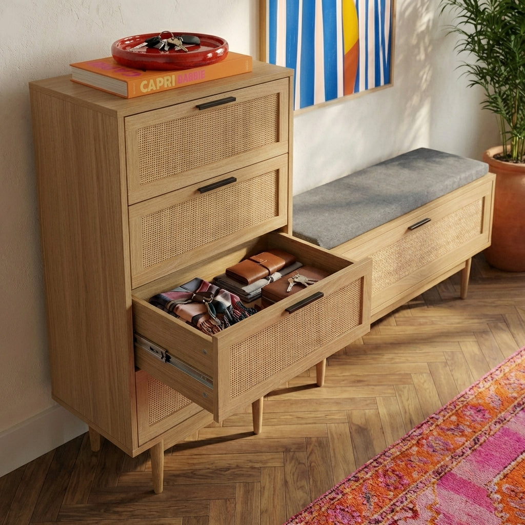 AMANA Oak Effect and Rattan Cane Chest of Drawers with 4 Drawers