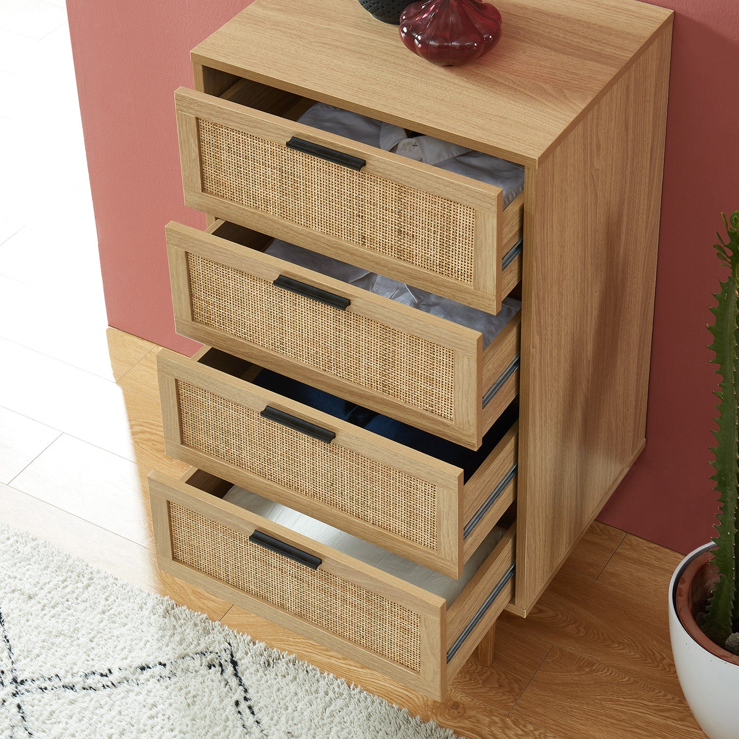 AMANA Oak Effect and Rattan Cane Chest of Drawers with 4 Drawers