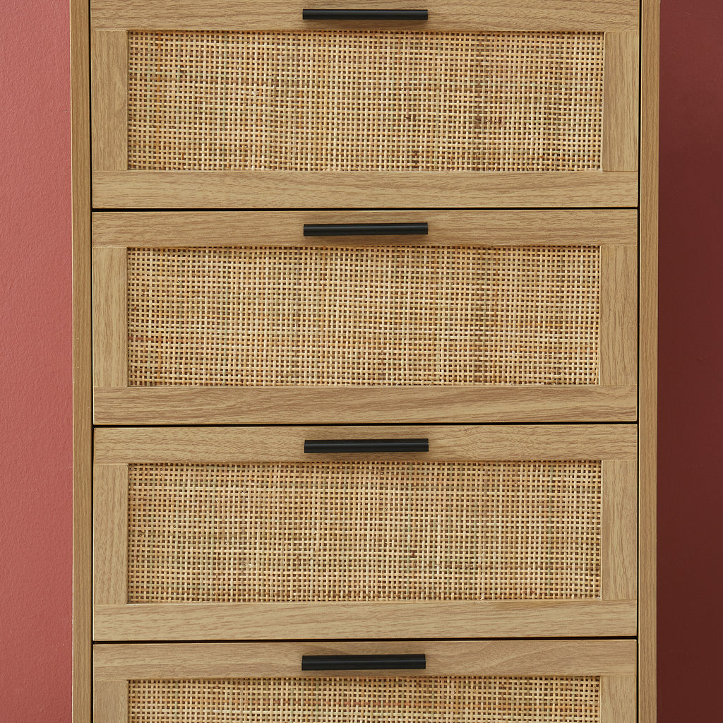 AMANA Oak Effect and Rattan Cane Chest of Drawers with 4 Drawers