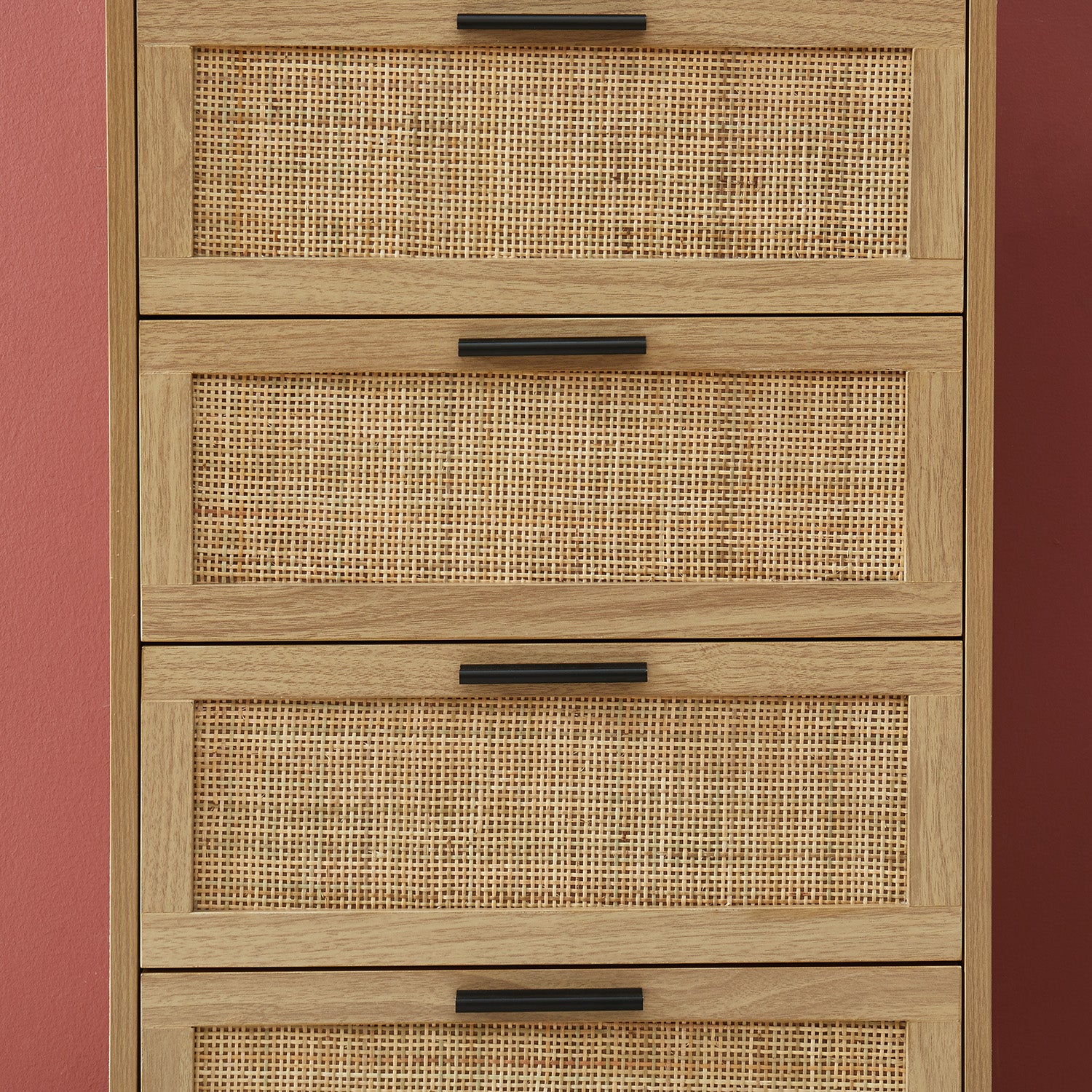 AMANA Oak Effect and Rattan Cane Chest of Drawers with 4 Drawers
