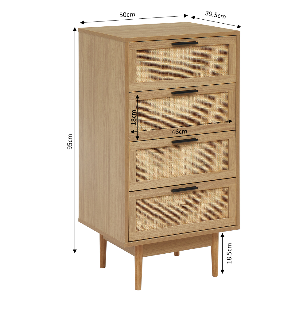 AMANA Oak Effect and Rattan Cane Chest of Drawers with 4 Drawers