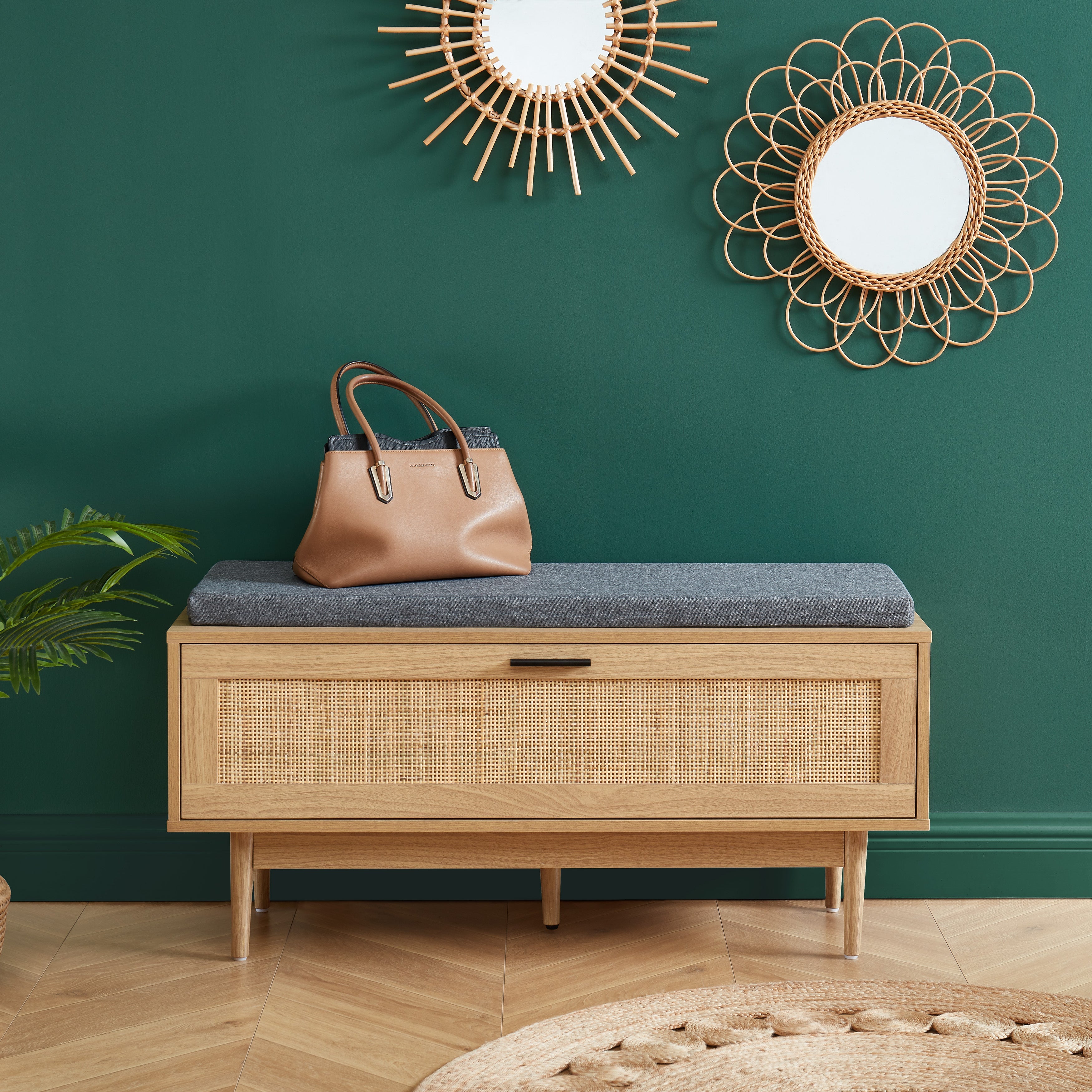 AMANA Oak Effect and Rattan Cane Shoe Bench - Light wood