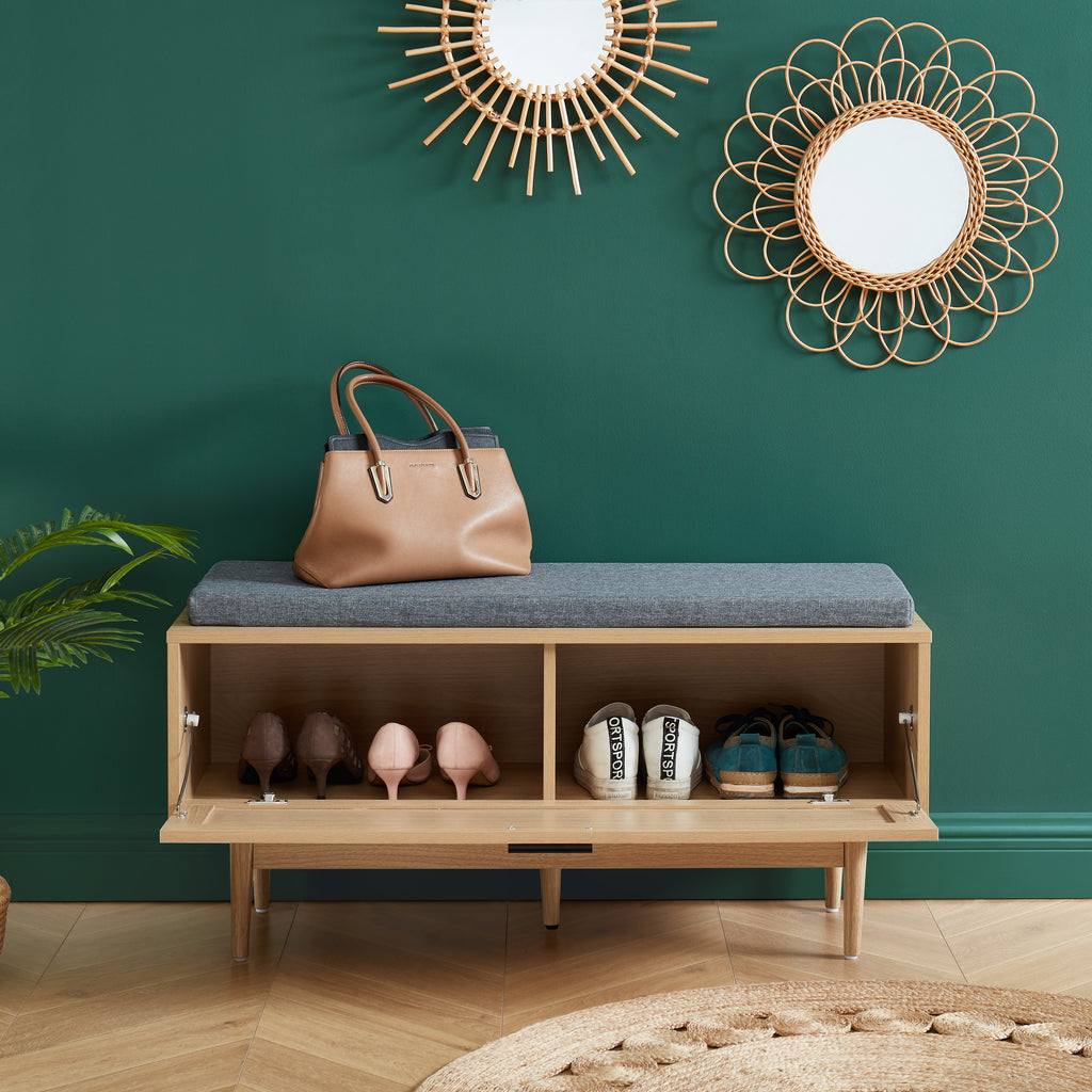AMANA Oak Effect and Rattan Cane Shoe Bench - Light wood