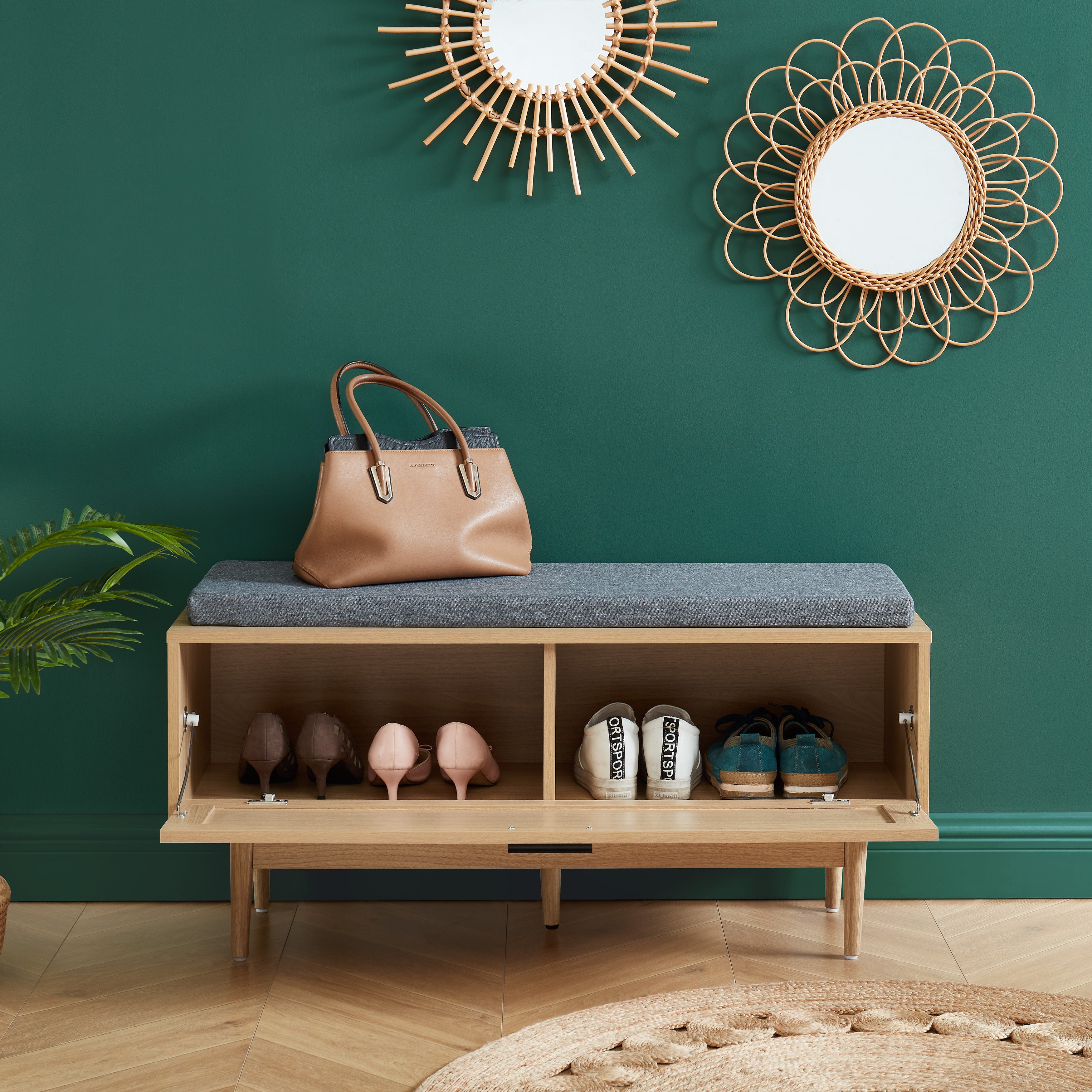 AMANA Oak Effect and Rattan Cane Shoe Bench - Light wood