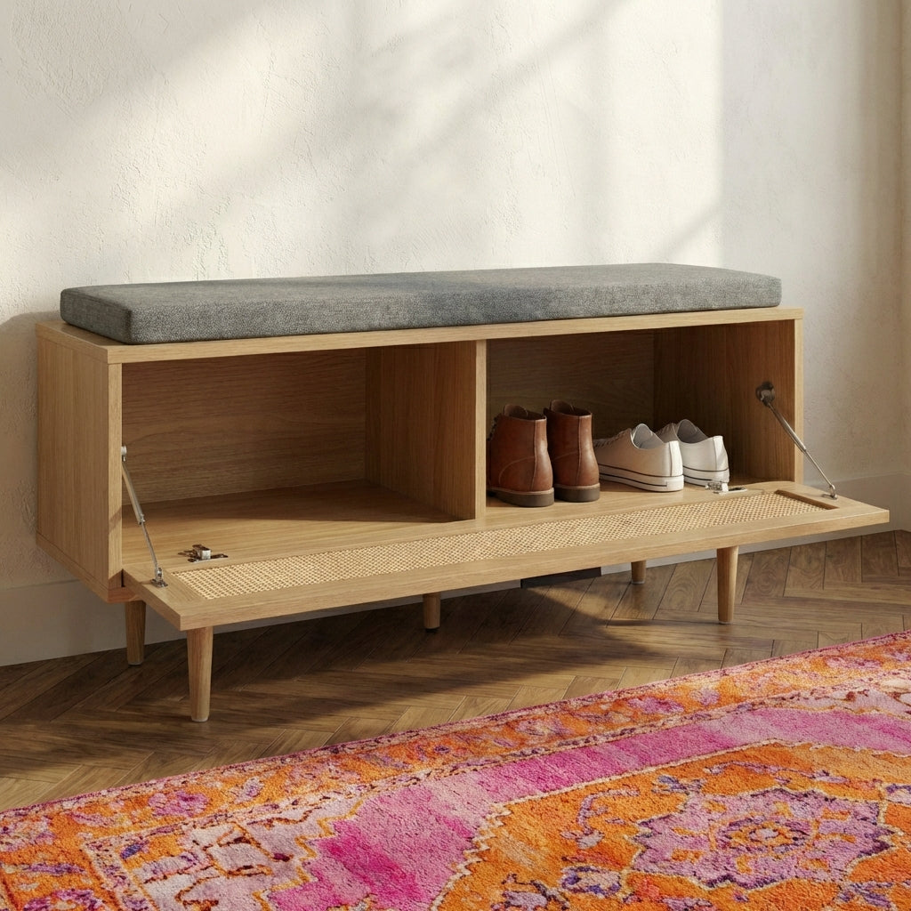 AMANA Oak Effect and Rattan Cane Shoe Bench - Light wood