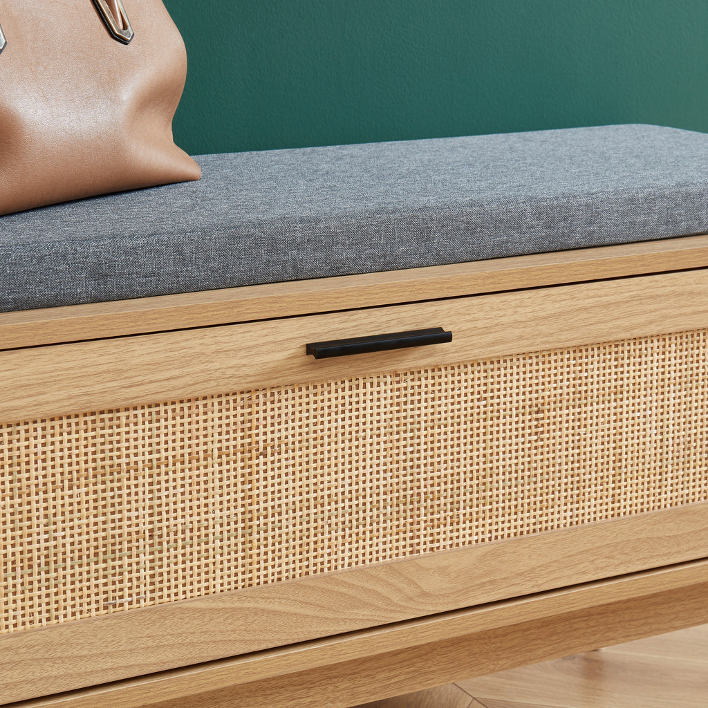 AMANA Oak Effect and Rattan Cane Shoe Bench - Light wood