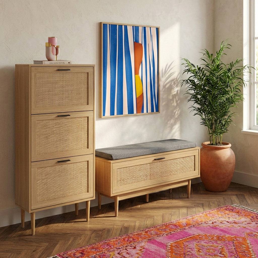 AMANA Oak Effect and Rattan Cane Shoe Bench - Light wood