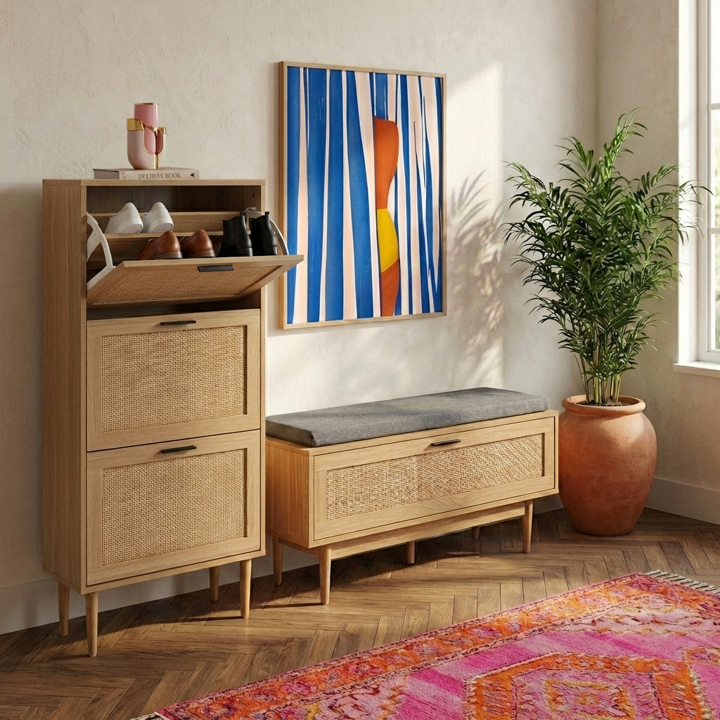 AMANA Rattan Cane Shoe Cabinet – Almond green