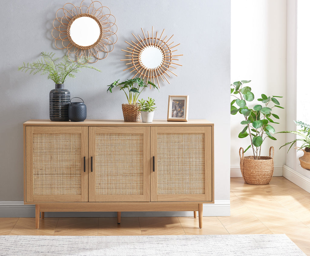 AMANA Rattan Cane Sideboard with Oak Effect and 3 Doors - Light wood