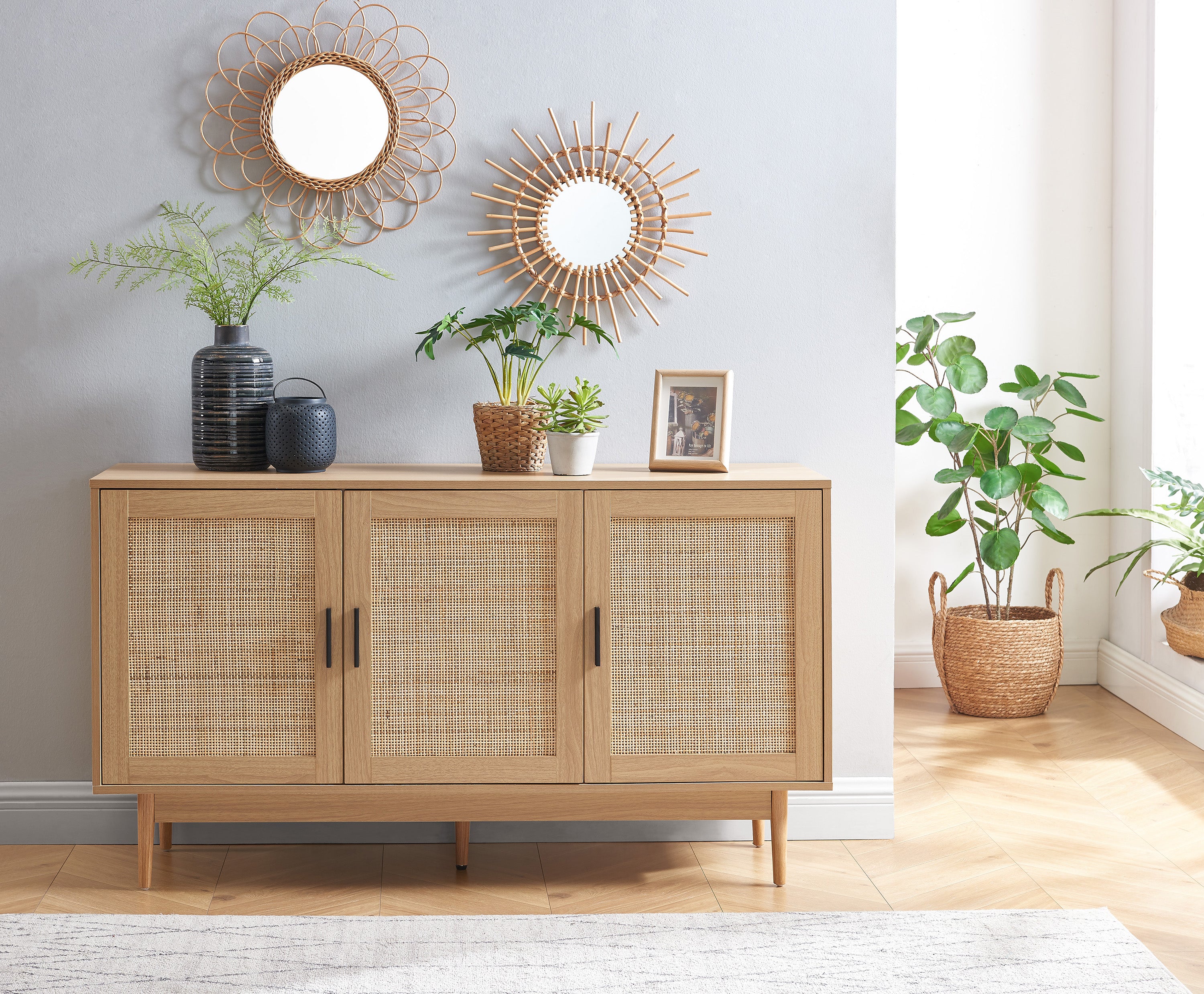 AMANA Rattan Cane Sideboard with Oak Effect and 3 Doors - Light wood