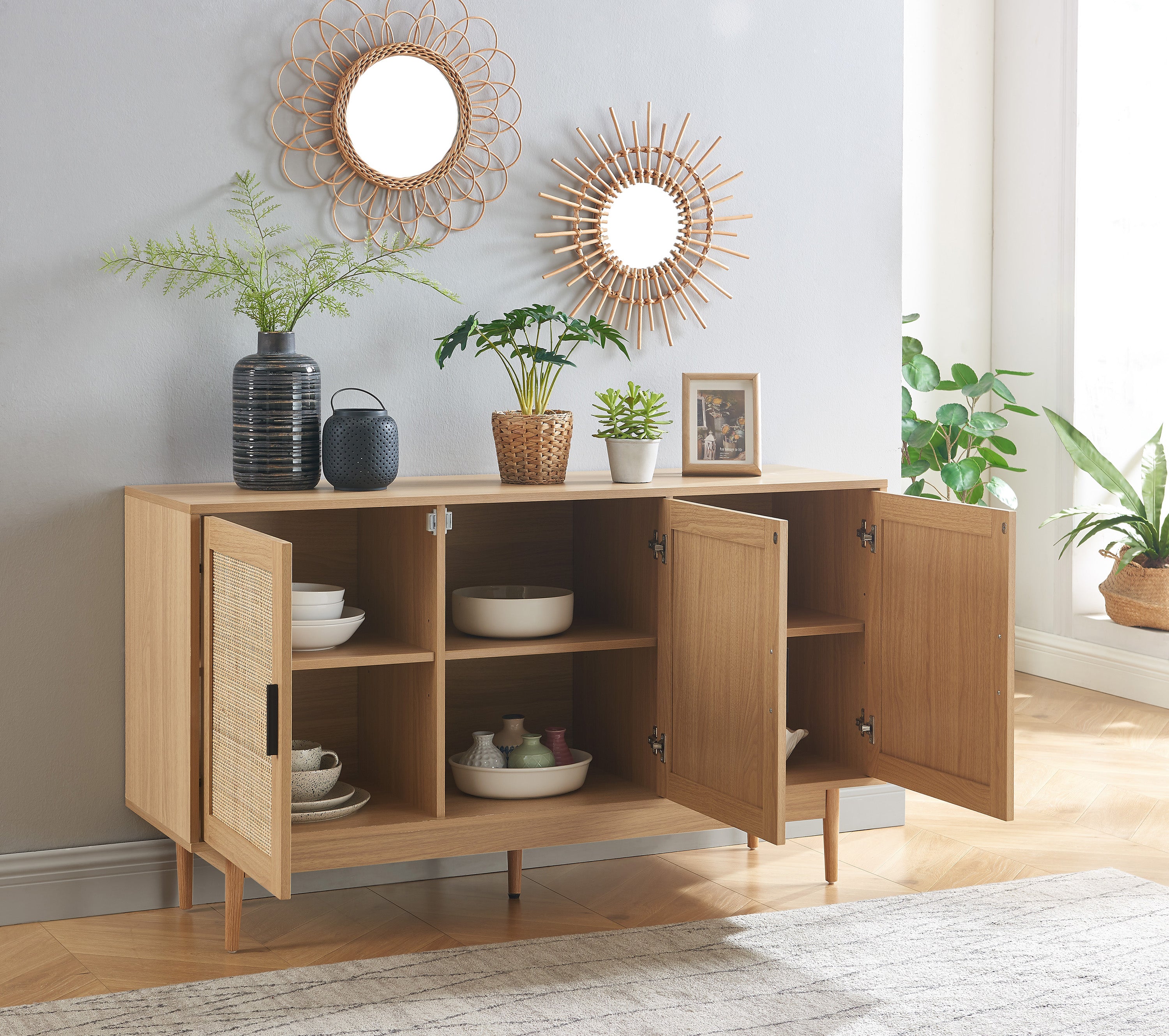 AMANA Rattan Cane Sideboard with Oak Effect and 3 Doors - Light wood