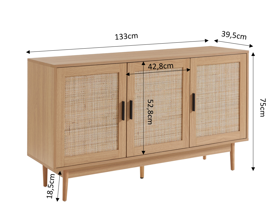 AMANA Rattan Cane Sideboard with Oak Effect and 3 Doors - Light wood