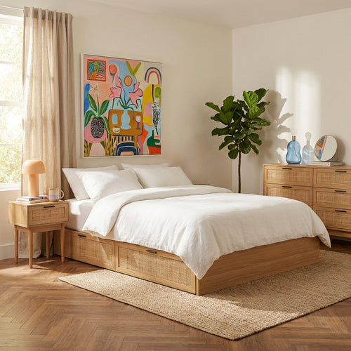 AMANA Rattan Cane Bed Frame with Storage Drawers and Slatted Base – Almond green