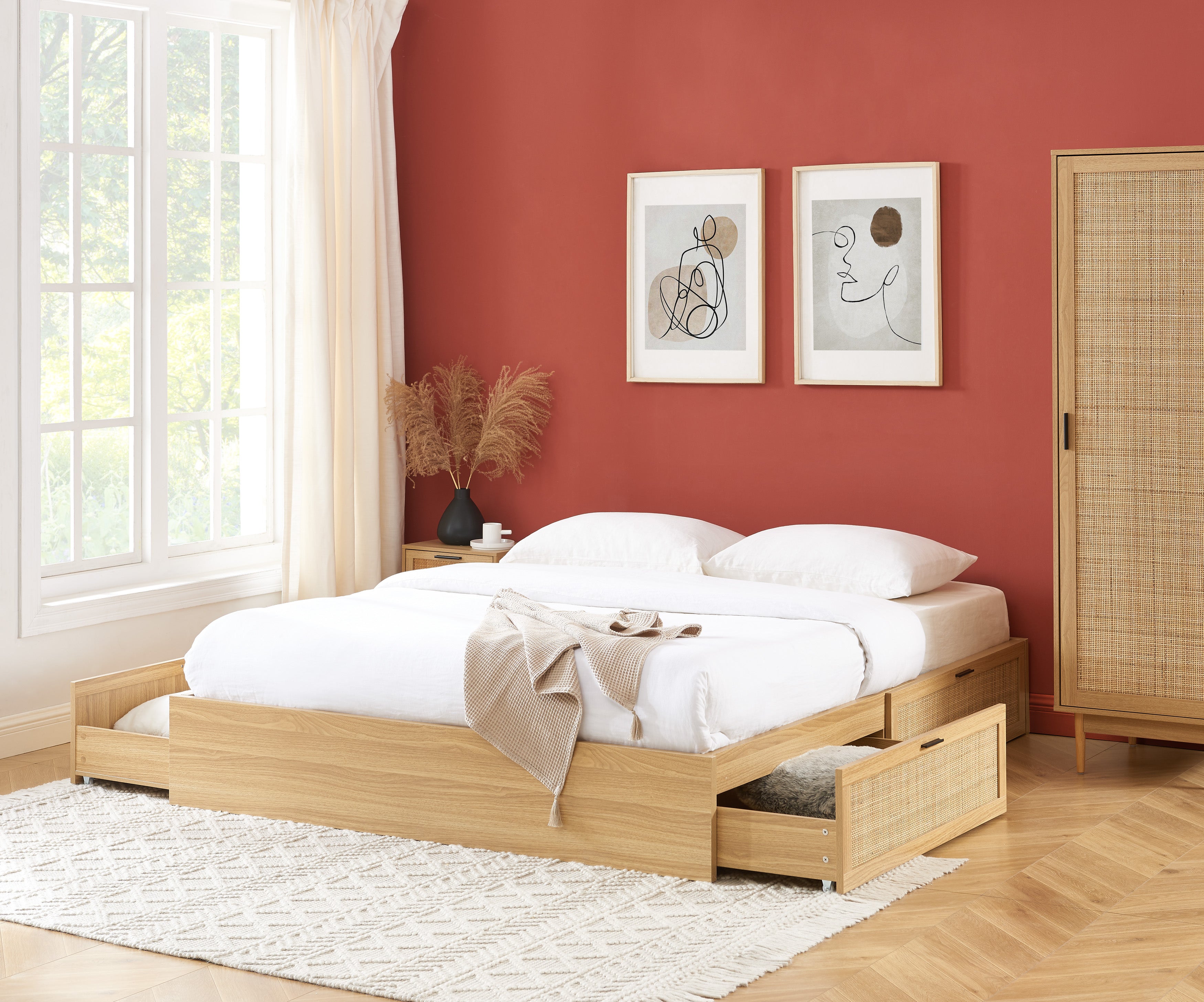 AMANA Rattan Cane Bed Frame with Storage Drawers and Slatted Base