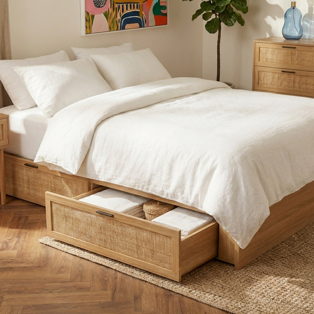 AMANA Rattan Cane Bed Frame with Storage Drawers and Slatted Base