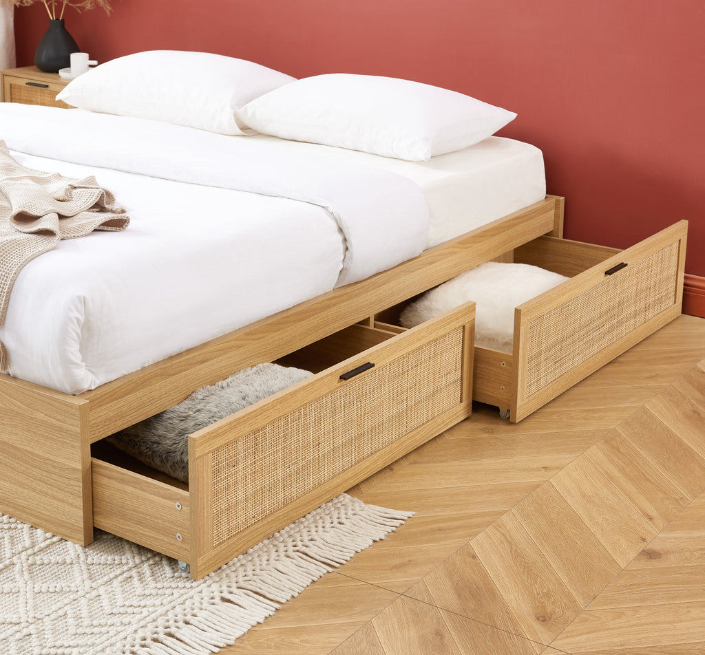 AMANA Rattan Cane Bed Frame with Storage Drawers and Slatted Base