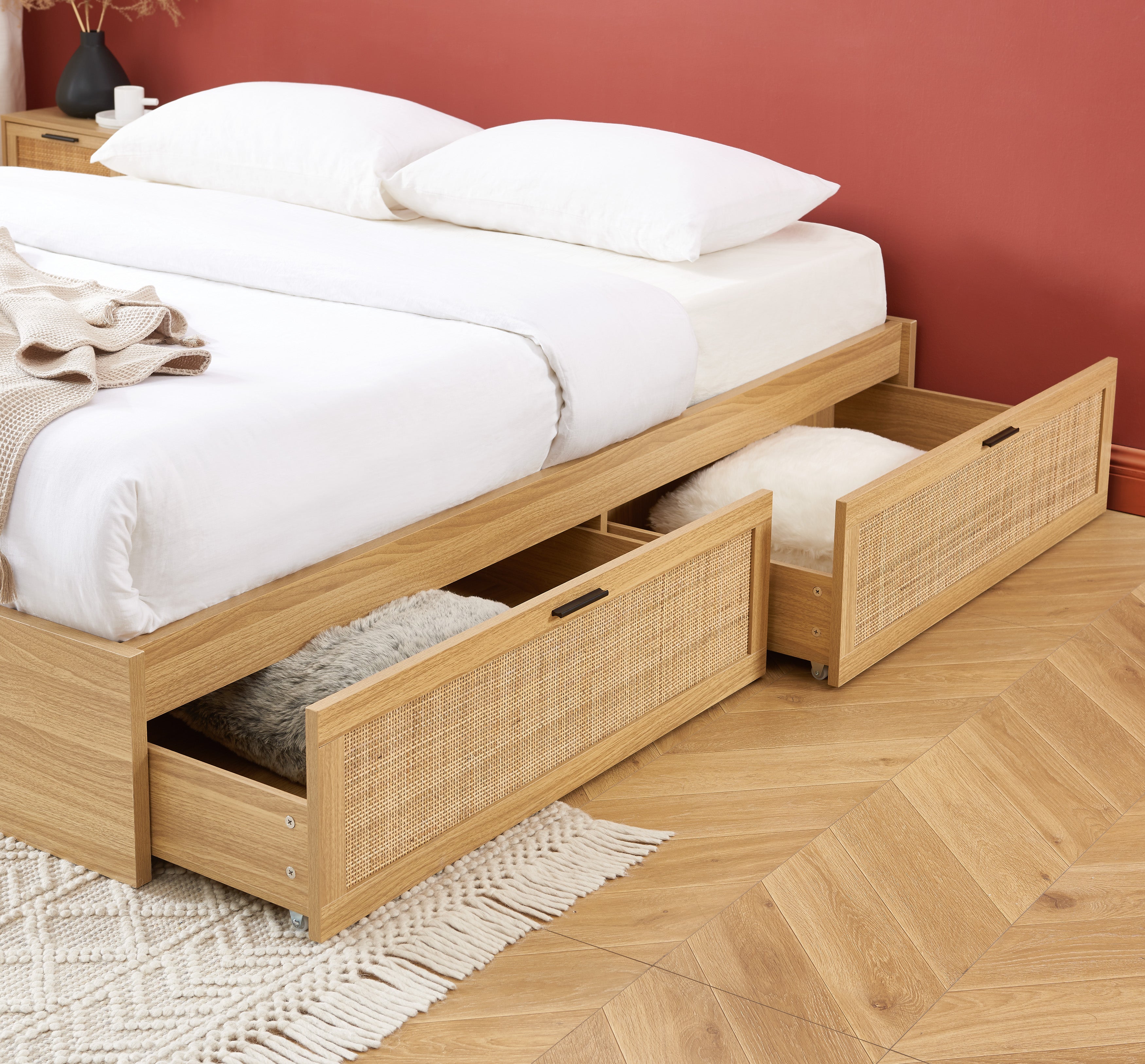 AMANA Rattan Cane Bed Frame with Storage Drawers and Slatted Base