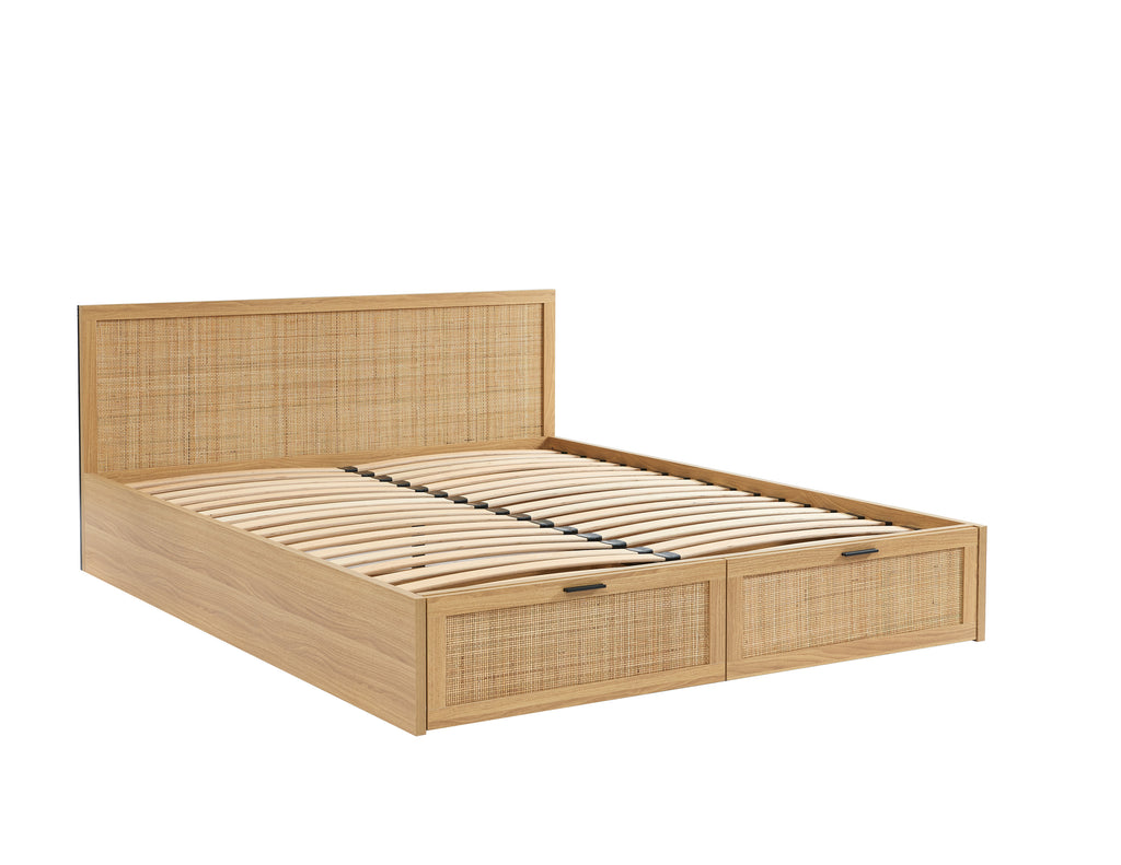 AMANA Storage Bed Rattan Cane Upholstered Bed Frame with Drawers and Slatted Base Included