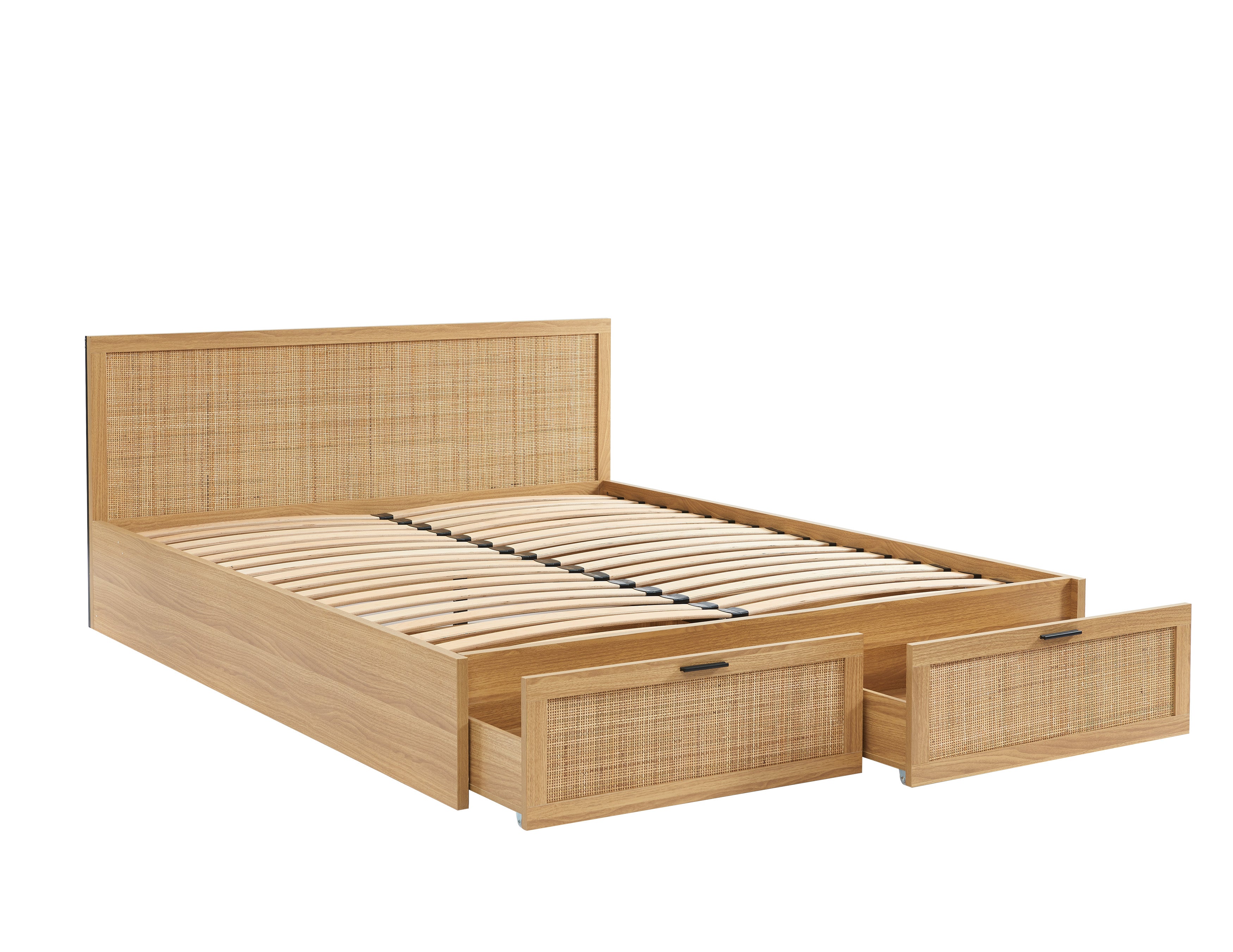 AMANA Storage Bed Rattan Cane Upholstered Bed Frame with Drawers and Slatted Base Included
