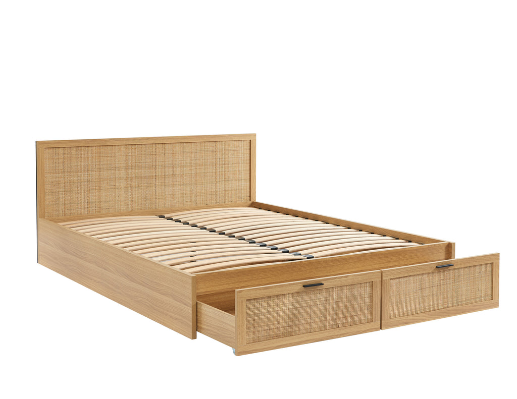 AMANA Storage Bed Rattan Cane Upholstered Bed Frame with Drawers and Slatted Base Included