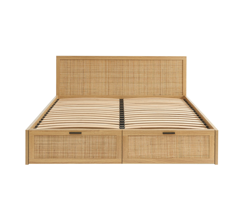 AMANA Storage Bed Rattan Cane Upholstered Bed Frame with Drawers and Slatted Base Included