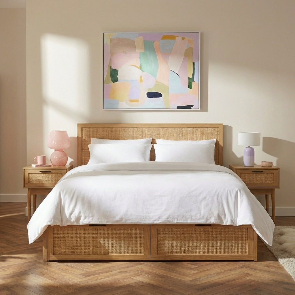 AMANA Rattan Cane Storage Bed with Drawers and Slatted Base