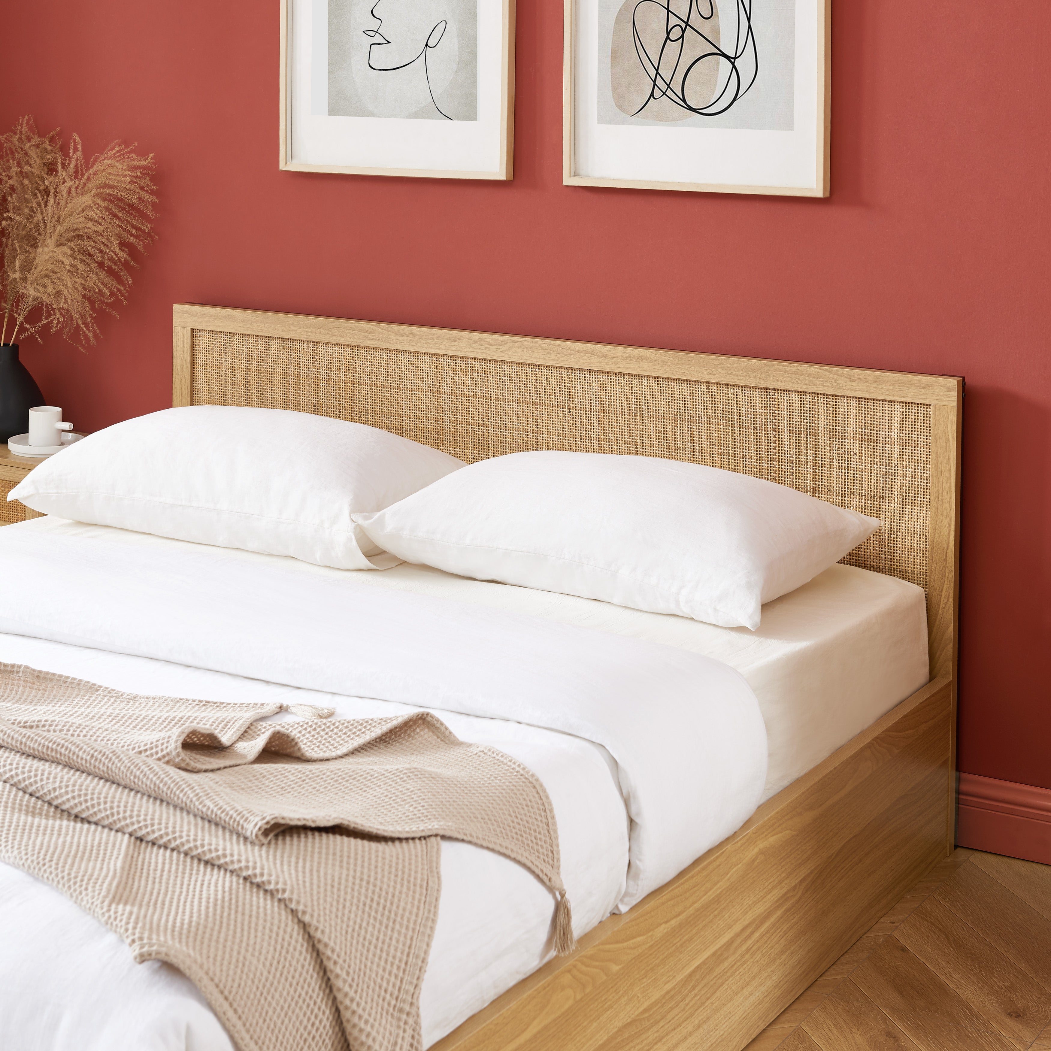 AMANA Storage Bed Rattan Cane Upholstered Bed Frame with Drawers and Slatted Base Included