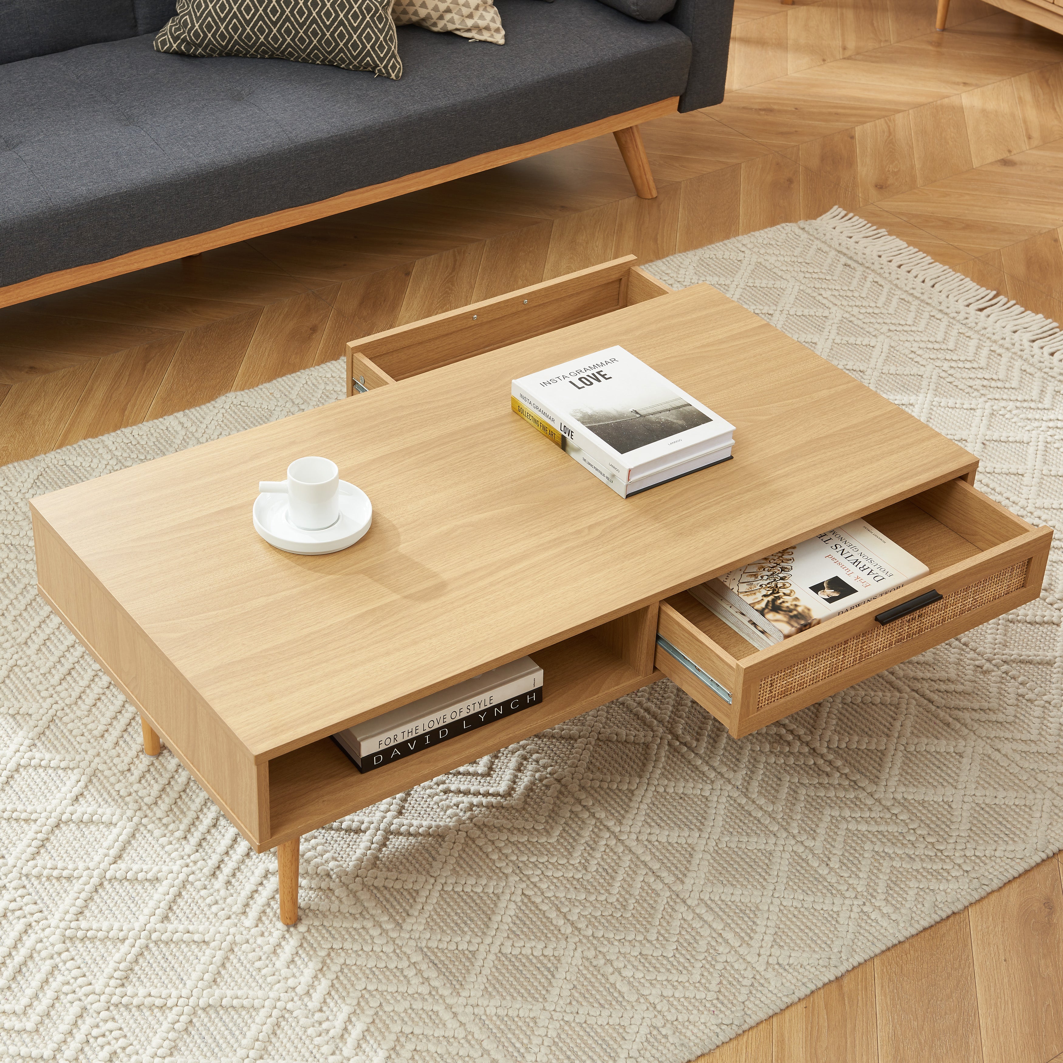 AMANA Coffee Table with Oak Effect and Rattan Cane - Light wood