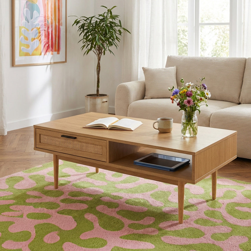 AMANA Coffee Table with Oak Effect and Rattan Cane - Light wood